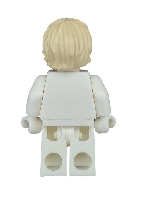A Lego minifigure is viewed from behind, highlighting a yellow hair accessory beneath long, wavy blonde hair. It features a plain white torso and legs for a classic look, using the LEGO 6093519 Wig with yellow hair combed to the side (UB1197).