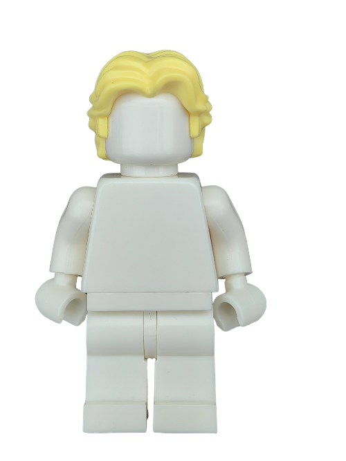 A plain white LEGO minifigure with no facial features or clothing stands against a white background, wearing the LEGO 6357791 Wig, Yellow Hair Short/Medium Length Wavy with Center Parting - UB1201.