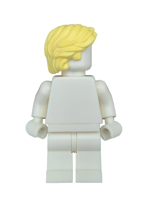 A LEGO 6357791 toy features a white plastic figure with vibrant yellow hair in a short/medium wavy style and center parting, resembling classic Minifigure Wig. Seen from the back, the moveable arms and legs convey a neutral posture lacking facial features or details.
