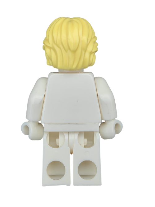 A white plastic toy figure is shown from the back, featuring vibrant yellow hair and adjustable limbs in a blocky design typical of construction figures. It wears a LEGO 6357791 Wig with short/medium wavy hair, center-parted, and has no additional accessories.