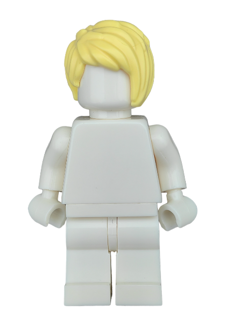 The LEGO 6227248 toy figure features a detachable Wig with yellow hair, showcasing a blocky, minimalist design on a white background. Its compatible with other Minifigure brands for diverse creative play.