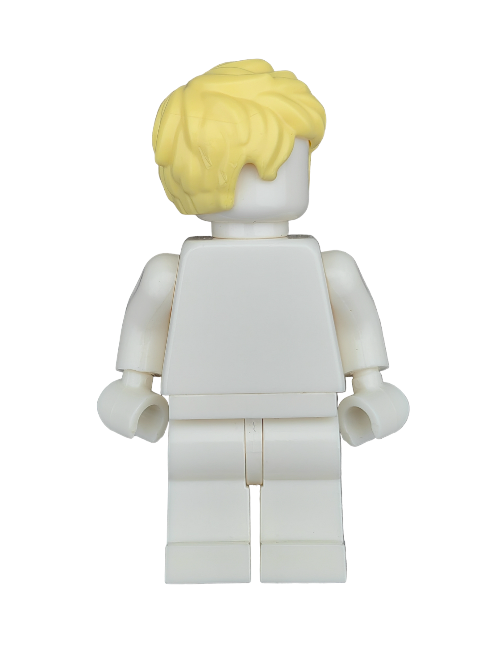 A rear view of a LEGO minifigure with a yellow Wig, Short Brushed To One Side (6227248), featuring no facial features or clothing details.