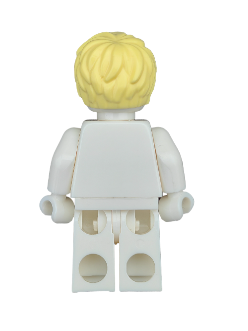 The back view of a Lego minifigure features the LEGO 6227248 Wig, with short yellow hair brushed to one side. The figure has a white body, arms, and legs but no visible facial features and is set against a plain white background.
