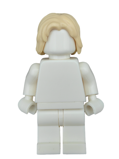 A plain white LEGO minifigure stands upright, wearing the LEGO 6294704 Wig, featuring yellow hair of medium length with a middle parting.