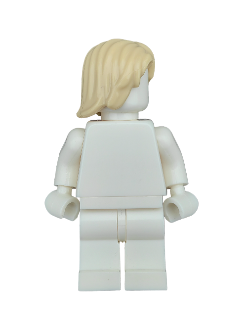 The LEGO 6294704 figure features a minimalist design with white plastic, viewed from the back. It boasts sculpted yellow hair of medium length, parted in the middle, and lacks facial features or decoration, highlighting its striking simplicity.