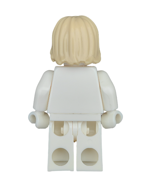 The LEGO 6294704 toy shows a rear view of its white plastic figure with yellow hair styled in a middle parting. The arms are slightly bent, and the legs are straight, topped with the minifigure wig. It is set against a white background.