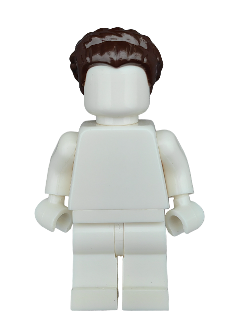 A white LEGO figure, wearing the LEGO 4632767 Wig with dark brown hair styled into side braids, stands upright against a plain background. It has no facial features or markings and is posed with slightly bent elbows.