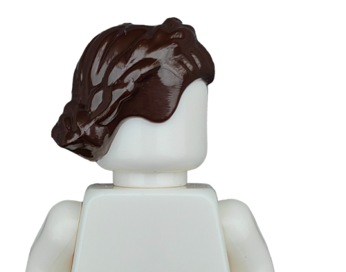 A LEGO 4632767 minifigure with a white body and a dark brown, side-braided bun wig is facing away from the camera against a plain white background.