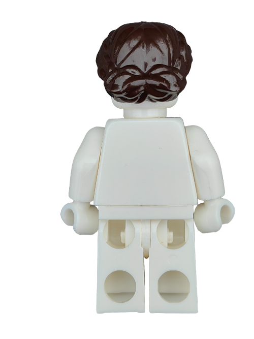 The back view of a white LEGO minifigure shows off the LEGO 4632767 wig, which features dark brown hair styled in buns with side braids. The figure has a plain white torso and legs.