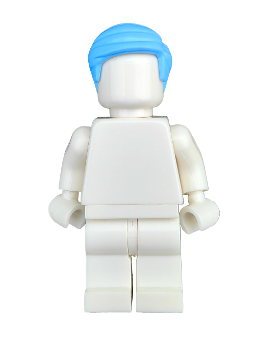 A white Lego-style figurine, featuring the LEGO 6368302 Wig with short combed bright blue hair, stands on a plain white background with its detachable head and limbs in a neutral forward-facing position.