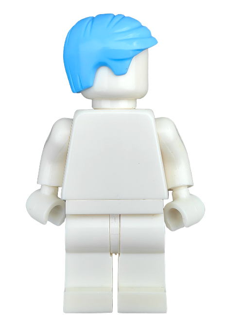 A LEGO minifigure featuring the 6368302 blue short combed wig and a plain white body, viewed from behind. Its arms hang downward, with no extra features or accessories.