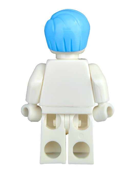 A white Lego minifigure showcases the LEGO 6368302 Wig with striking blue hair, elegantly short and combed to the side. Its slightly bent arms are set against a pristine white background, adding flair to its simple silhouette.