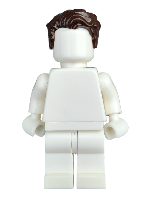 A plain white Lego minifigure stands upright, featuring a realistic look enhanced by the LEGO 6152229 Wig in dark brown hair swept left with a slight peak and short sideburns. The figure has no facial features.