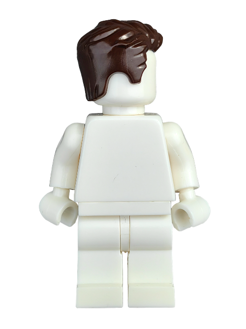 A LEGO minifigure with the dark brown Wig, Hair Swept Left with Peak and Short Sideburns - UB1221 stands on a white background, facing away.