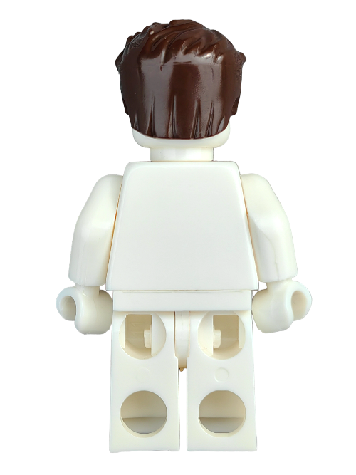 Back view of LEGO 6152229, a white toy minifigure with lifelike features, showcasing dark brown hair swept left and short sideburns, but missing its legs and head.