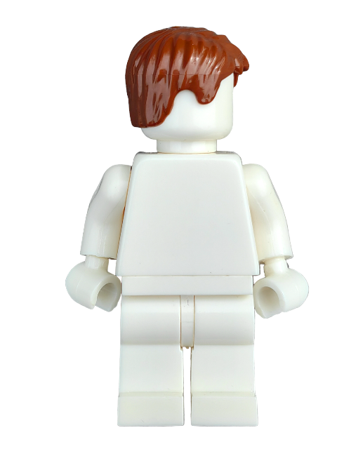 A LEGO minifigure with a plain white body and the LEGO 622107 Wig, Reddy Brown Messy Short Hair - UB1225 is viewed from the back. Standing upright, it features a simple design and blocky shape, making it a charming addition to any minifigure collection.