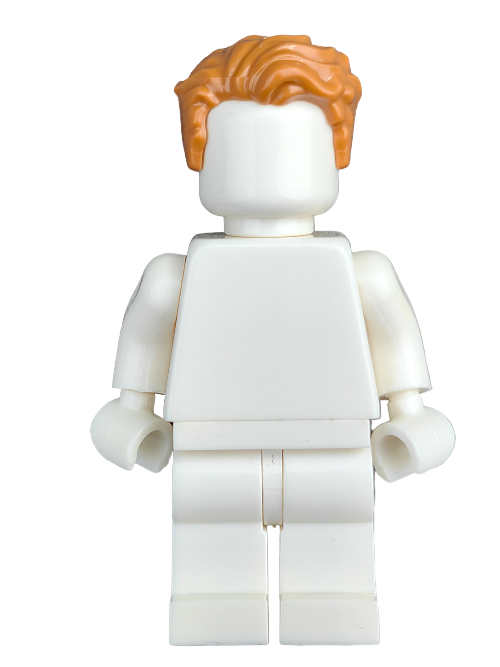 A unique white plastic toy figure with a LEGO 6145528 Wig featuring ginger hair swept left, missing facial features and clothing, stands isolated on a white background—an intriguing addition to any Minifigure collection.