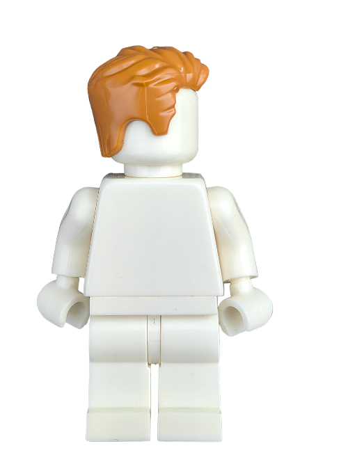 A LEGO minifigure, adorned with the 6145528 Wig in vibrant ginger hair swept to the left, stands upright among a vast collection. Its plain white body contrasts against an uncluttered white background.