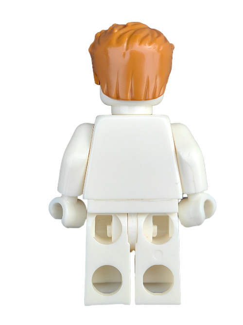 A LEGO minifigure with articulated arms and legs is part of a unique collection, featuring a ginger-haired wig (LEGO 6145528) that sweeps left with a slight peak and short sideburns, shown from the back on a plain background.