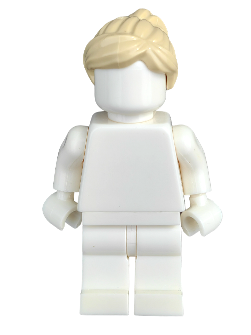 A plain white toy figure with movable limbs and no facial features or details stands against a white background, adorned only with a LEGO 6417273 Wig, featuring light yellow hair in a ponytail and swept side fringe, adding flair to the minimalist look.