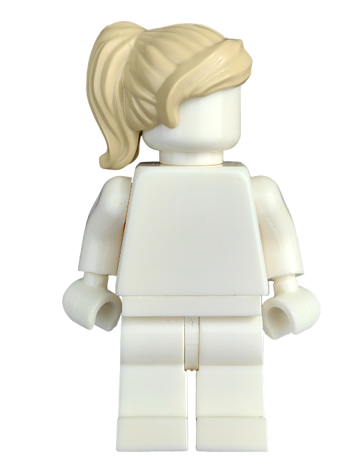 The front view showcases the LEGO 6417273, a white plastic toy figure inspired by Minifigure Wig, featuring a simplistic blocky design with a torso, arms, legs, and light yellow hair in a ponytail with swept side fringe.