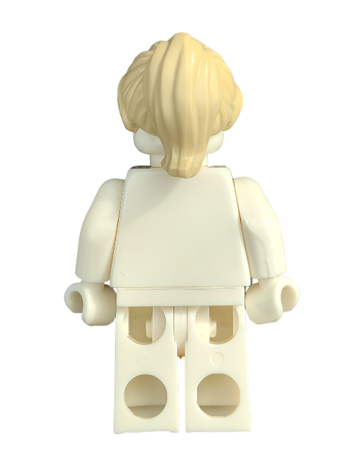 Seen from the back, a LEGO-style minifigure features light yellow hair in a ponytail with a swept side fringe (LEGO 6417273 Wig - UB1232). Its dressed in plain white attire against an all-white backdrop.