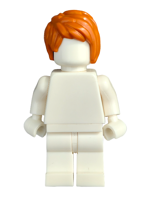 The LEGO 6417264 minifigure boasts a vivid orange wig, styled as short ginger hair brushed to one side, and a plain white torso without facial features. It is set against a simple white background, making it an unusual addition to any collection.