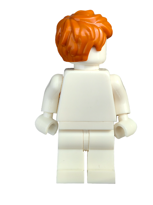 A close-up view of a LEGO minifigure with the LEGO 6417264 Wig, a ginger short hair brushed to one side, seen from behind. The entirely white minifigure stands against a plain white background, making it an ideal addition to any Minifigure collection.