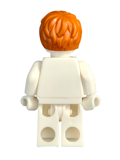 A LEGO minifigure in a white outfit, featuring the Short Brushed To One Side Ginger Hair Wig (LEGO 6417264 - UB1236), stands upright against a white background, highlighting the appeal of any minifigure collection.