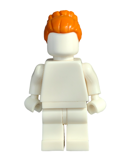 The product, LEGO 6357937 Wig featuring ginger hair styled in a large bun high to the back, is displayed as a faceless white plastic toy figure against a white background.