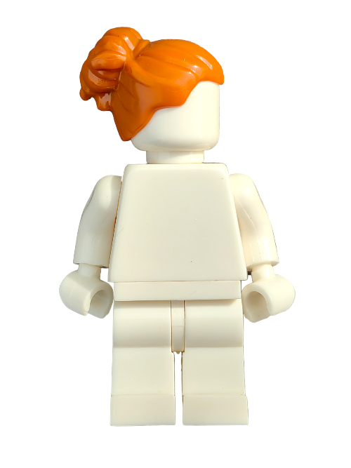 The LEGO 6357937 features a white minifigure with a blank face, showcasing vibrant ginger hair styled in a large bun high at the back. Its arms and legs are positioned downward against an all-white background.