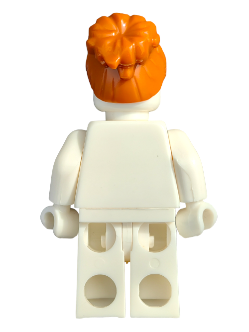 Back view of a LEGO minifigure with a plain white outfit and ginger hair in a bun using the LEGO 6357937 Wig, Ginger Hair with Large Bun High to the Back - UB1240. The interlocking studs on legs and arms are visible.