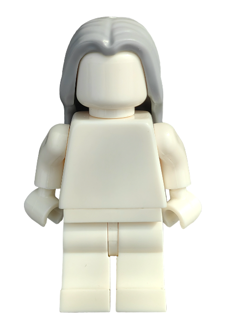 A white, faceless Lego-style figure features a LEGO 6236162 Wig, Grey Hair Long and Parted in Middle - UB1244 and stands upright, arms at its sides against a plain, white background.