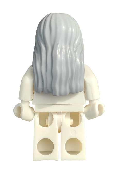 A LEGO minifigure sports the LEGO 6236162 Wig, featuring long, wavy, light gray hair parted in the middle. The plain white figure has minimal detailing, slightly bent arms, and no visible facial features.