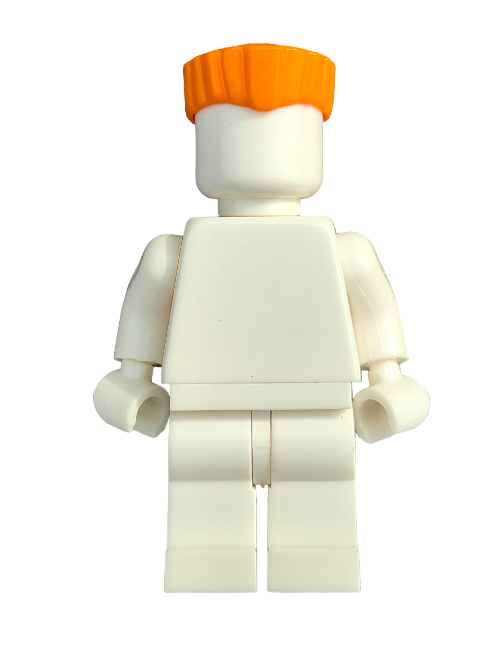 The LEGO 6421684 Wig features an Orange Hair Flat Top on a white plastic minifigure, which has no facial features. Its arms are down as it stands against a plain white background, highlighting the distinctive textured Minifigure Wig.