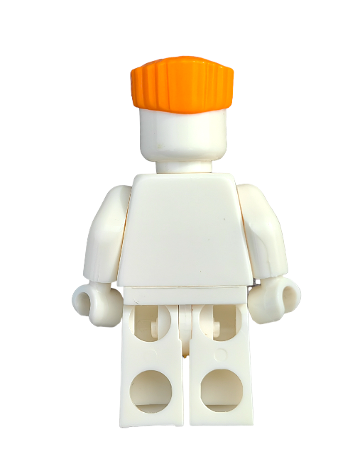 A white, blocky minifigure with simple limbs and a detachable head displays vibrant orange hair styled in a flat top, depicted from behind. It features the LEGO 6421684 Wig, Orange Hair Flat Top - UB1247 design and maintains a consistent white appearance.