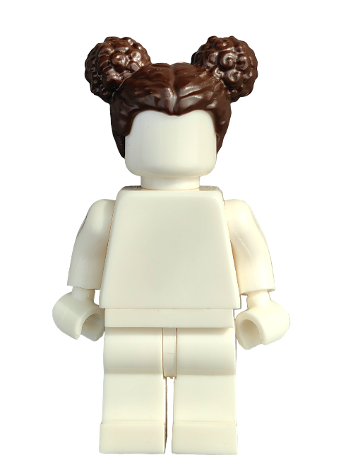 A minimalist white Lego minifigure featuring the LEGO 6333518 Wig with two brown buns and a center parting from the Minifigure Wig series stands against a plain white background, offering a unique addition to any toy collection.