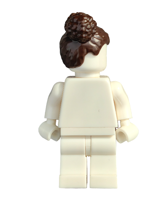 A Lego minifigure with realistic details, featuring a brown wig styled with a center parting and twin buns, stands on a pristine white background—an ideal addition to any toy collection.