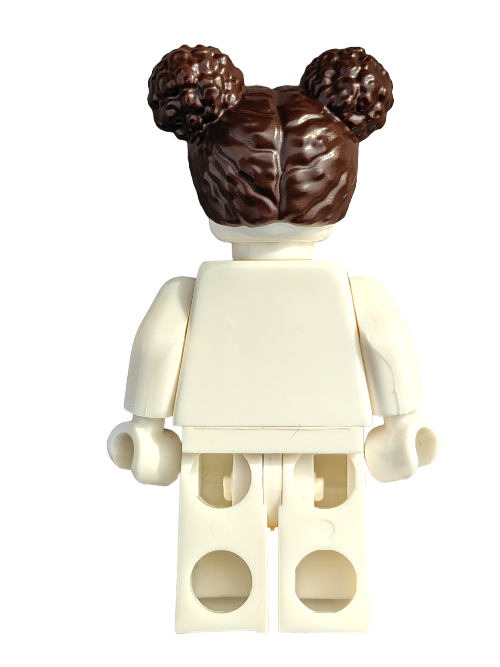 LEGO figure with brown hair styled in two buns, wearing a white outfit on a plain backdrop. Product name: LEGO 6333518 Wig, Brown Hair with a Center Parting and Two Buns on Top - UB1218. A perfect toy collection addition.