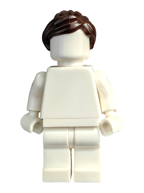 A white LEGO minifigure with plain torso and legs is adorned with the LEGO 6093516 Wig, featuring a sleek dark brown ponytail. The minimalist design lacks accessories and facial features, emphasizing the simplicity and charm of this piece.