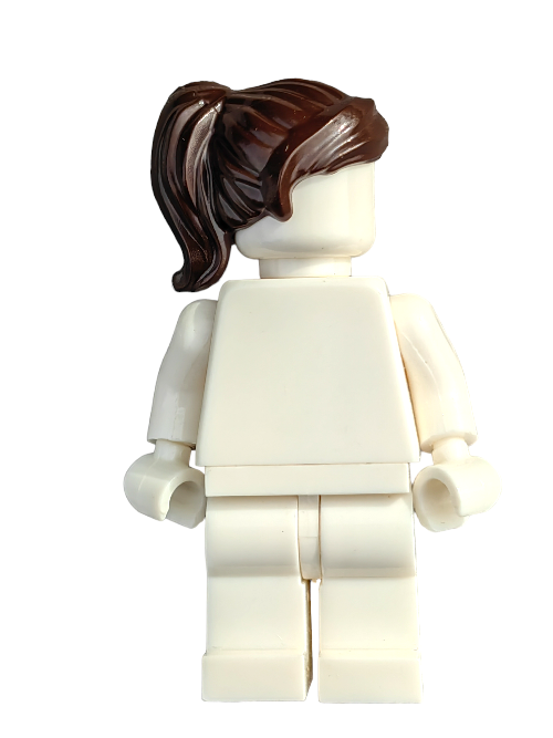 A LEGO minifigure features the 6093516 Wig with a dark brown ponytail against a plain background, showcasing its simple design without facial features or clothing details.