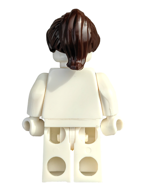 Back view of a LEGO minifigure wearing the LEGO 6093516 Wig in dark brown hair ponytail, dressed in a plain white outfit, standing against a white backdrop.