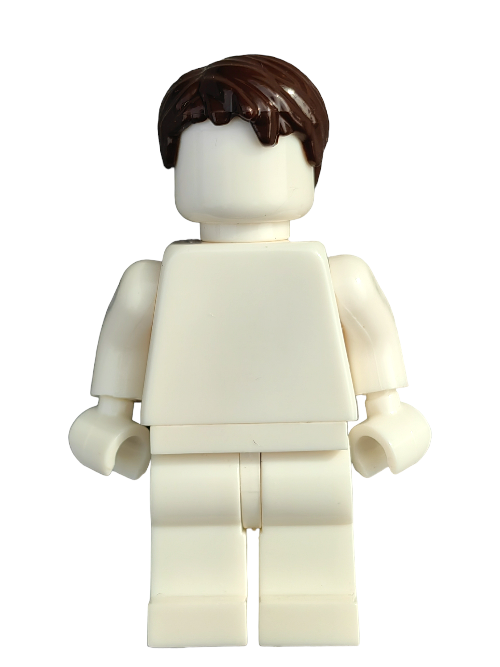 A white LEGO minifigure with articulated arms and legs stands upright against a light background, featuring a smooth face and wearing the LEGO 4535553 Wig, Dark Brown Hair Short Messy Look - UB1226.