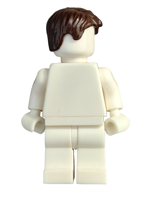 A LEGO minifigure wears the LEGO 4535553 Wig, featuring a short messy dark brown hairstyle. Set against a white background, the figure is featureless with no facial details or clothing designs and has standard articulated limbs.