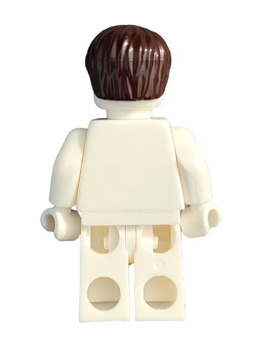Back view of a LEGO figure with the LEGO 4535553 Wig in a dark brown messy style, featuring a white torso and legs against a plain white background.