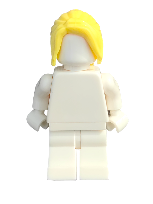 A plain white LEGO minifigure stands against a white background, featuring the LEGO 6288690 Wig with long yellow ponytail and no facial details or distinctive clothing.