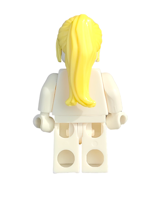 A LEGO 6288690 minifigure with a yellow long ponytail wig, UB1229, stands in a plain white outfit against a matching backdrop.