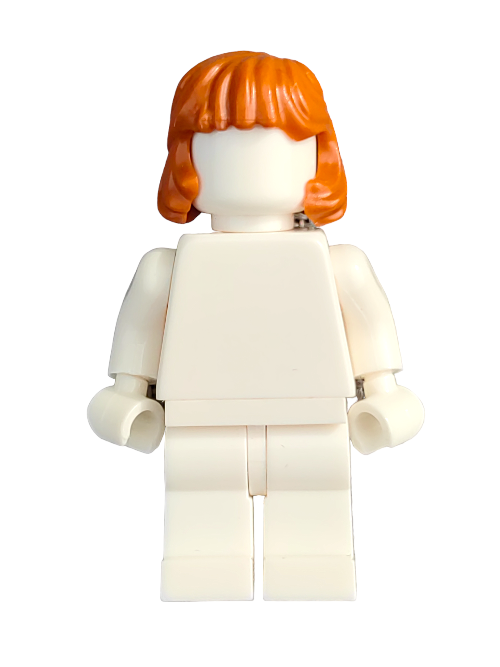 A LEGO figurine features a simple design with blocky limbs and a smooth face, topped by the LEGO 6310817 Wig, which showcases ginger hair thats medium length and combed back behind the ears.