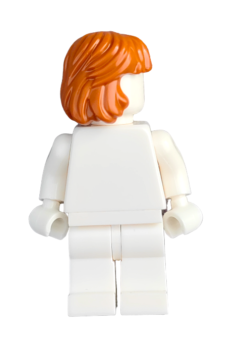 The LEGO minifigure showcases a ginger hairpiece, styled medium length and combed back behind the ears, donned in a plain white outfit.