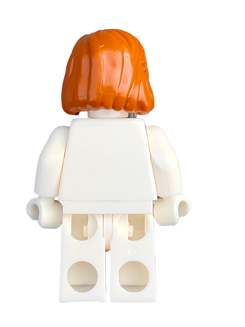 A LEGO figure with a ginger wig styled medium-length, combed back behind the ears, in a white outfit captures realistic charm.